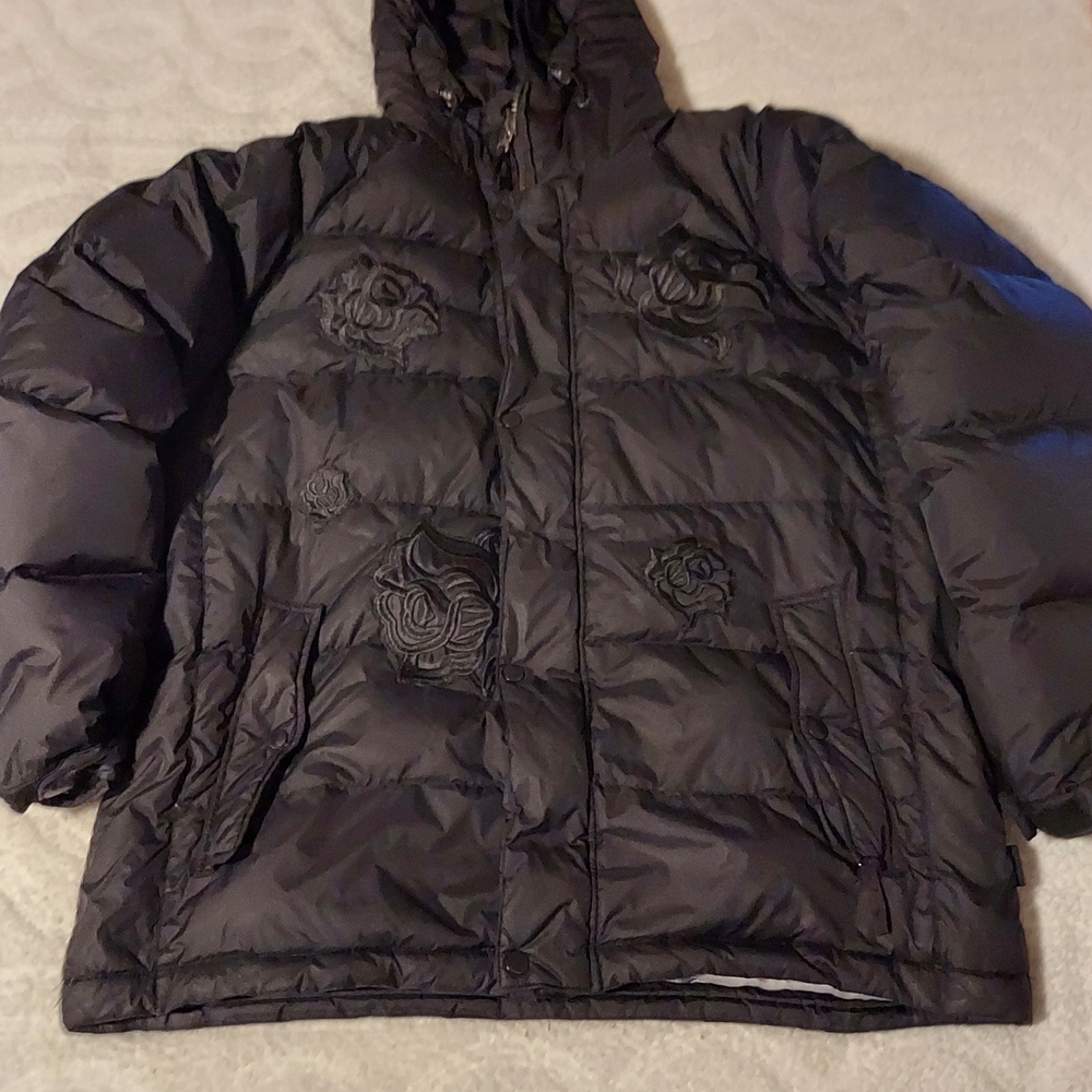 Calvin Klein Black Puffer Jacket With Rose Appliques